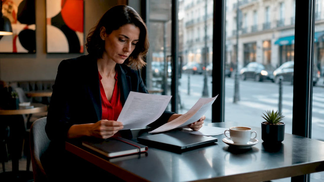 Woman checking billing documents in startup office