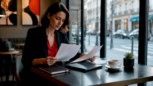Woman checking billing documents in startup office