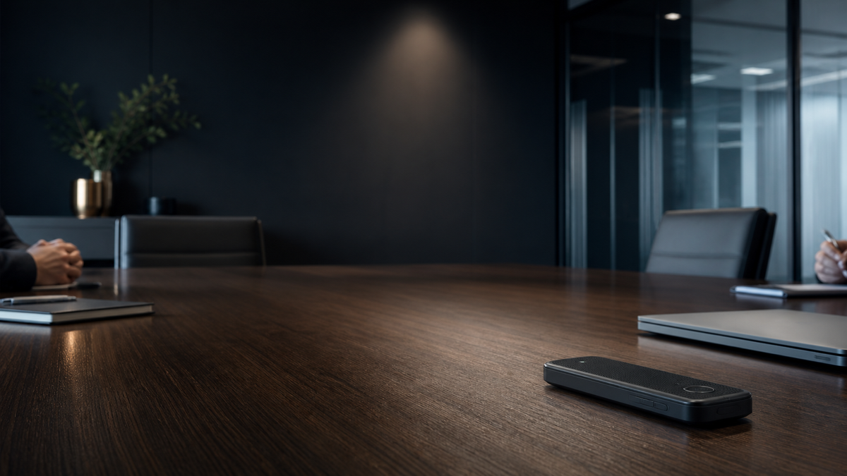 Executive conference room with a meeting recorder on a dark wood table