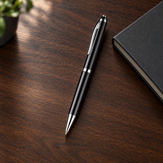 Q90A AI voice recorder pen on a dark walnut executive desk